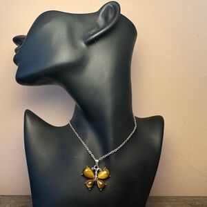 Tiger Eye Butterfly Pendant Silver Tone Necklace